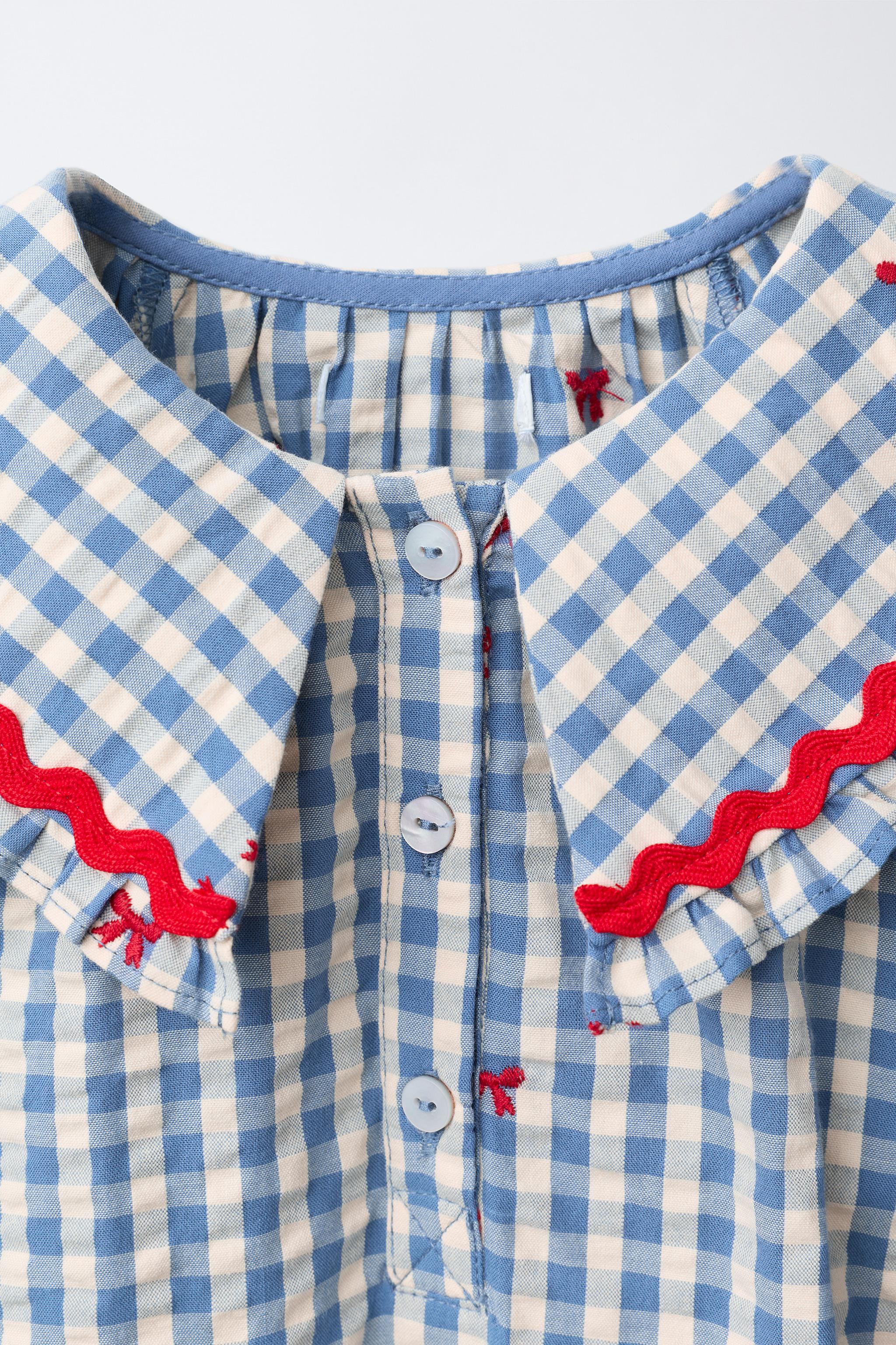 PLAID DRESS WITH EMBROIDERED BOWS